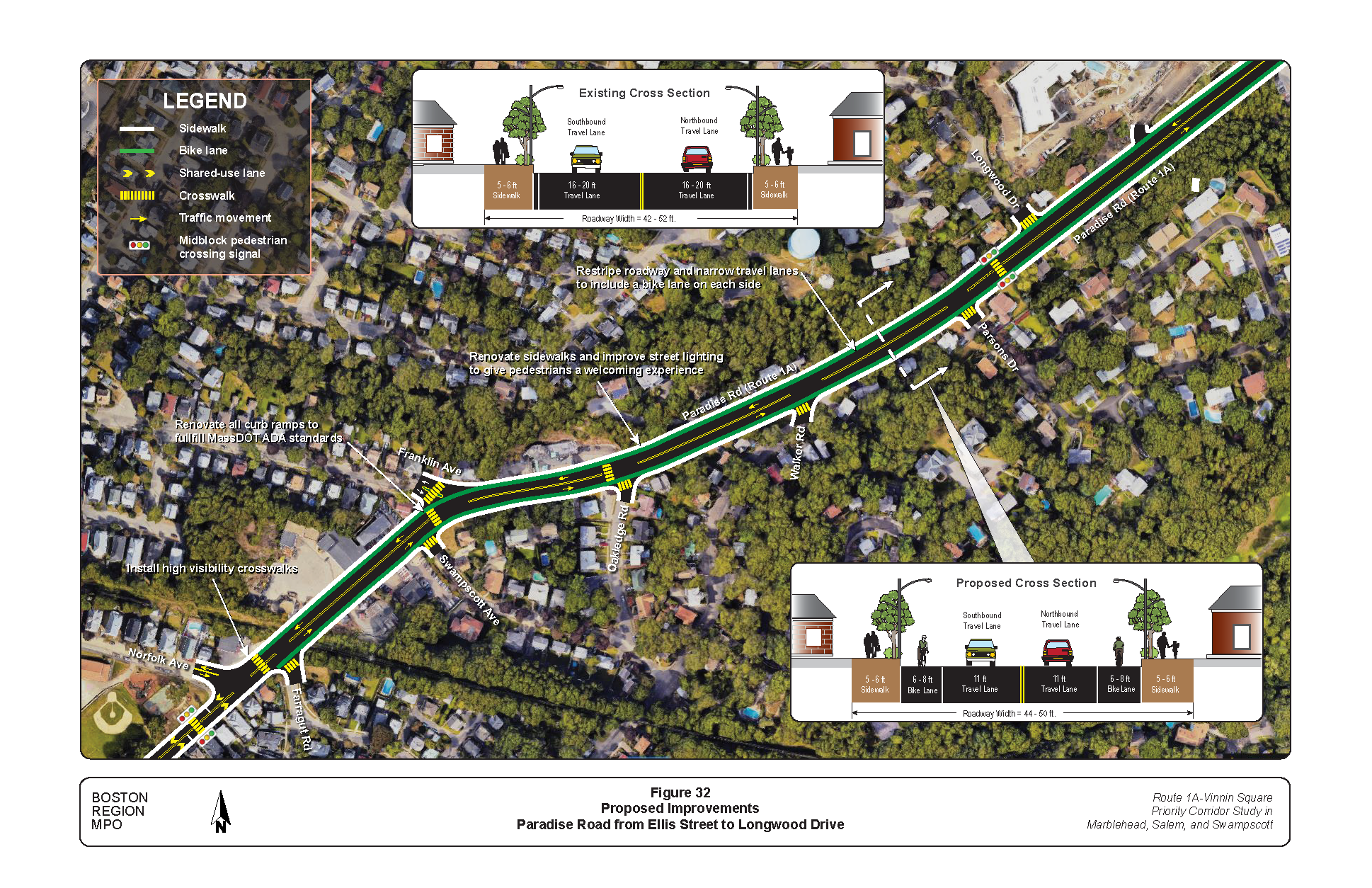 FIGURE 32. Proposed Improvements: Paradise Road from Ellis Street to Longwood Drive.Figure 32 is a map of the section of Paradise Road between Ellis Street and Longwood Drive showing the location of proposed improvements. The proposed improvements are described in text boxes. Graphics embedded show proposed roadway cross sections with lane widths.